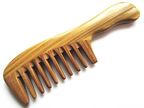 Miniatura 2 de Myhsmooth Gsp-2w-wt - Peine de madera de diente ancho hecho a mano de sándalo verde natural, sin estática, con mango ondulado con aroma aromático