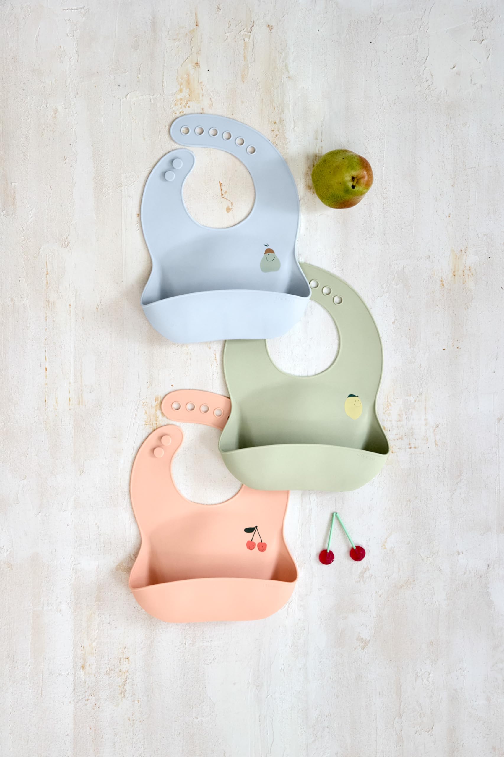 LÄSSIG Bavaglino in silicone per bambini Bavaglino per bambini con vassoio di raccolta lavabile in lavastoviglie/Happy Fruits Cherry
