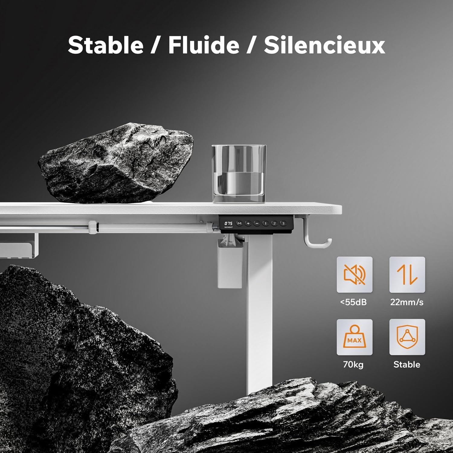 Image highlighting the stable, fluid, and silent operation of the SENSE7 NOJO Electric Standing Desk.