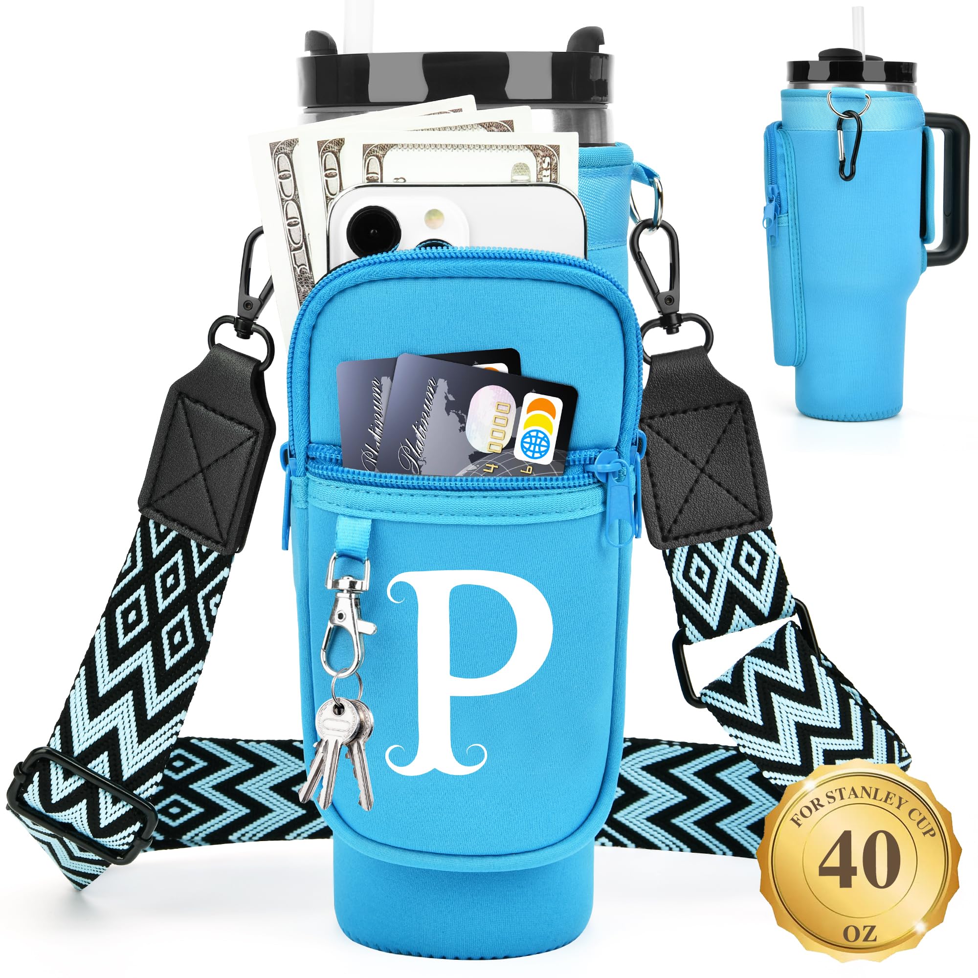 Personalized Water Bottle Holder with Strap for Stanley Cup Accessories 40 oz Tumbler, Initial Water Bottle Carrier Bag W/ Phone Pocket, Ideal