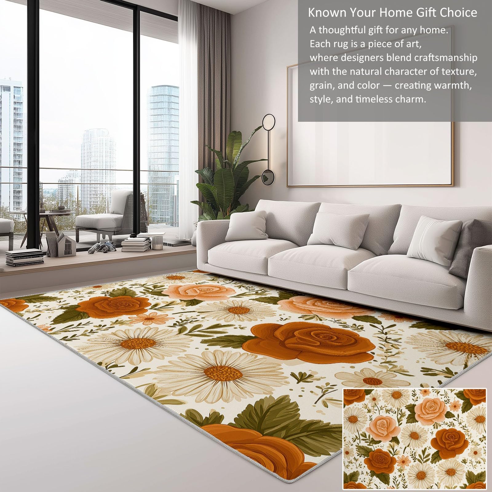 Zmywalny dywan 80 x 150 cm, rośliny, róże, stokrotki, antypoślizgowy dywan w stylu retro, duszpasterski, duży dywan – do salonu, sypialni, kuchni, holu, niski runo, miękki w dotyku dywan
