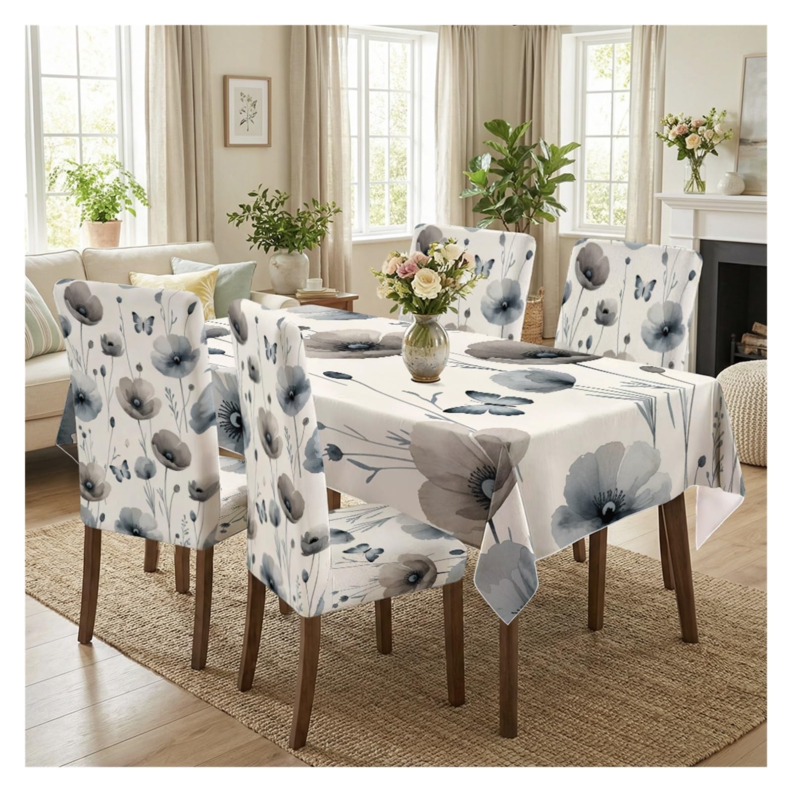 BOSUYBN Watercolor Grey Poppy Flower & Butterfly Print Dining Tablecloth & Chair Covers Set, 5/7 Piece Neutral Vintage Cottage Dining Decor Table Setting(5pcs Set: Tablecloth+Chair Covers)