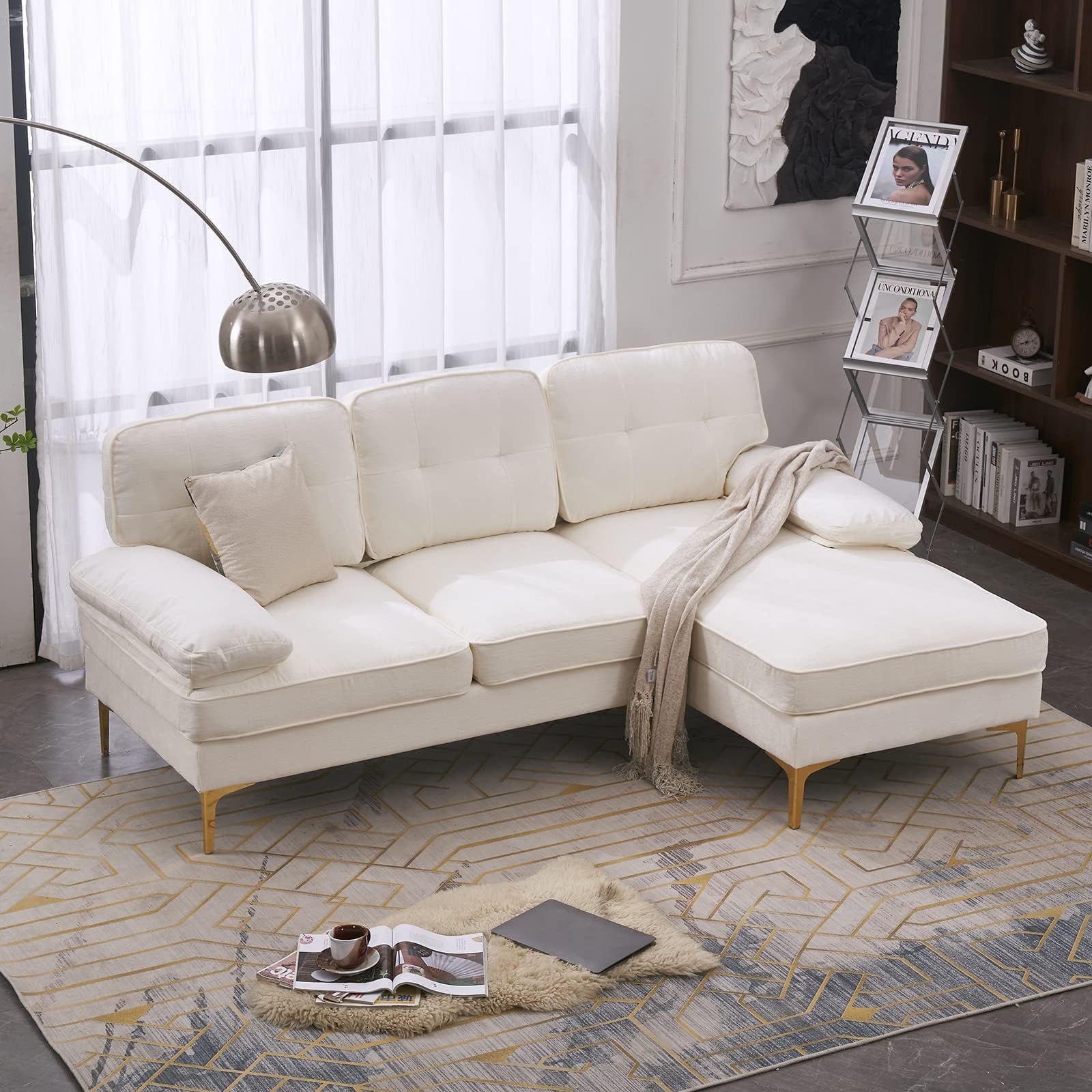 Karl homeSectional Sofa 83" L-Shape Sofa Couch 3-Seat Couch with Chaise ChenilleFabric Upholstered for Living Room, Apartment, Office, Creamy-White