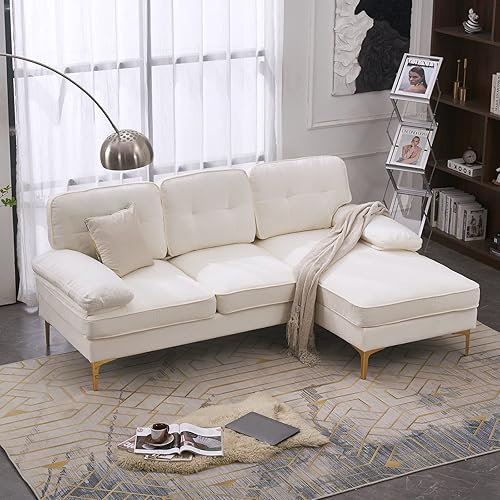 Karl home Sectional Sofa 83" L-Shape Sofa Couch 3-Seat Couch with Chaise ChenilleFabric Upholstered for Living Room, Apartment, Office, Creamy-White