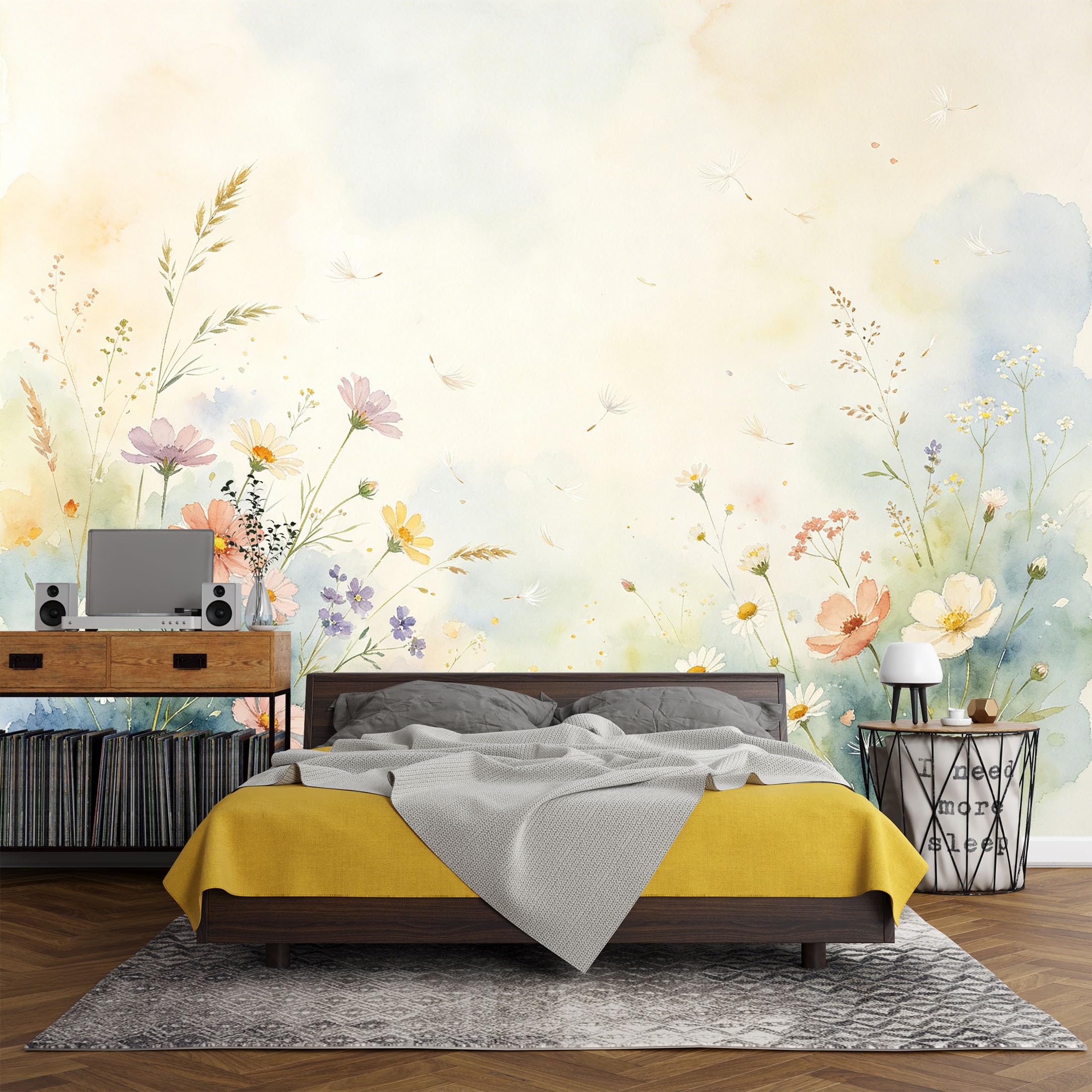 Custom Size Wall Mural， Botanical Wildflower Meadow Watercolor Pastel Floral Art， SelfAdhesive Art Prints wall Fabric (No PVC) Removable Wallpaper Living Room Decor