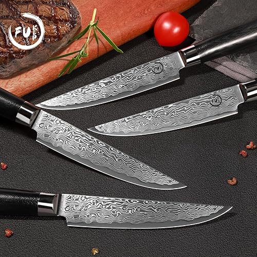Miniatura 5 de Fukep Juego de 4 cuchillos para carne, súper afilados de 5 pulgadas, juego de cuchillos de carne de damasco japoneses VG10 con núcleo de acero de 73