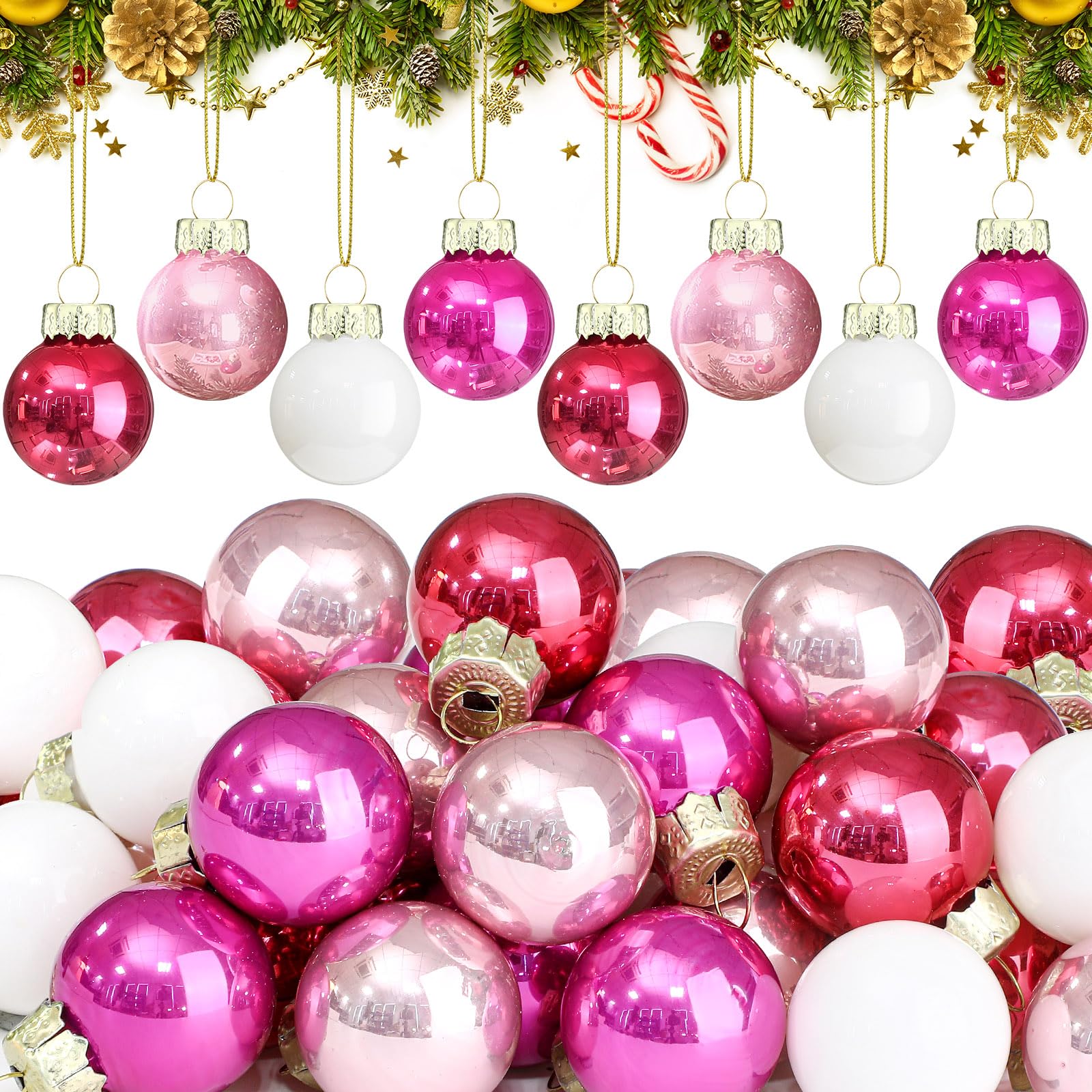 Tioncy 32 Pcs 1'' Mini Glass Christmas Ornament, Pink Series White Balls