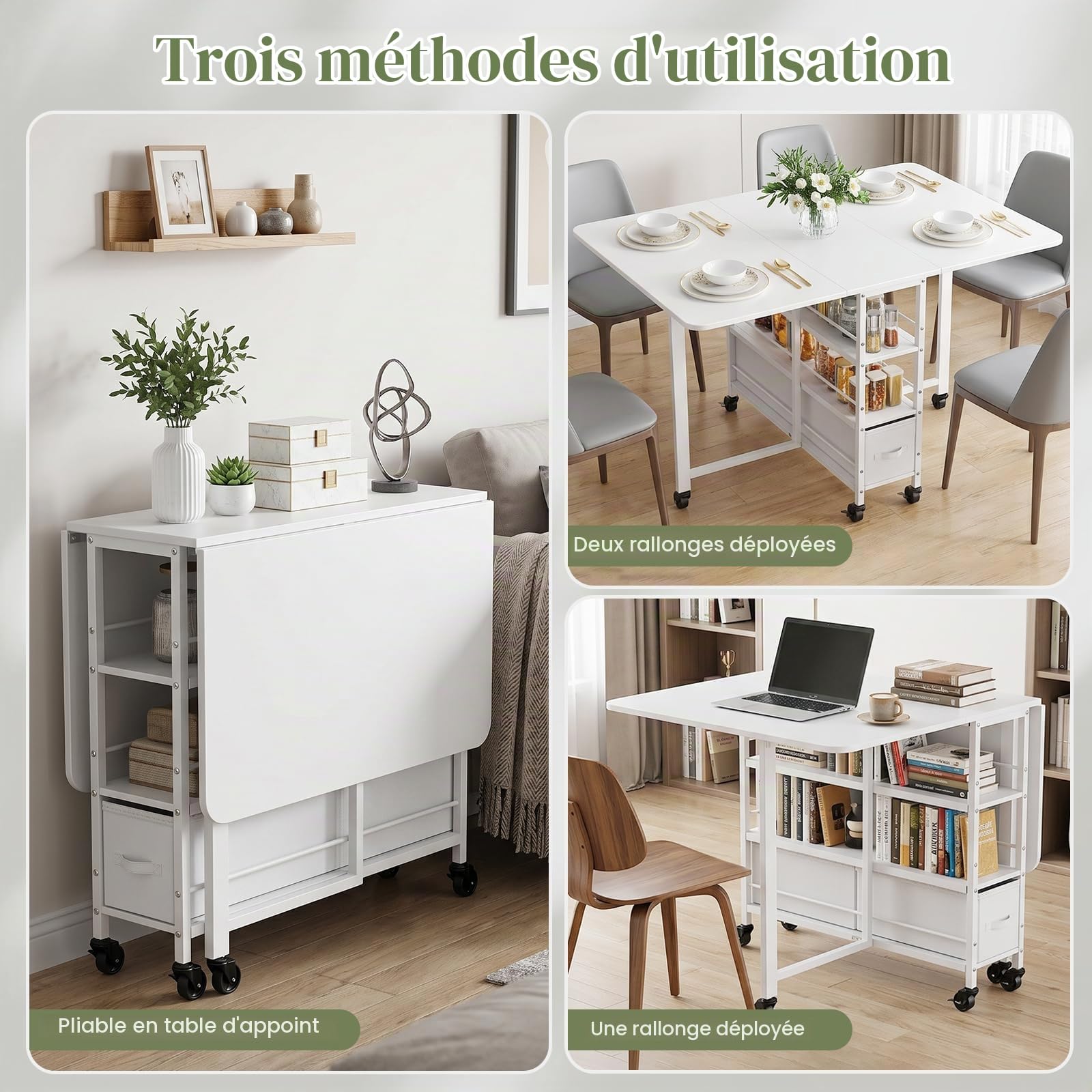 Table à manger pliante blanche 6 roues 2 tiroirs pour petits espaces