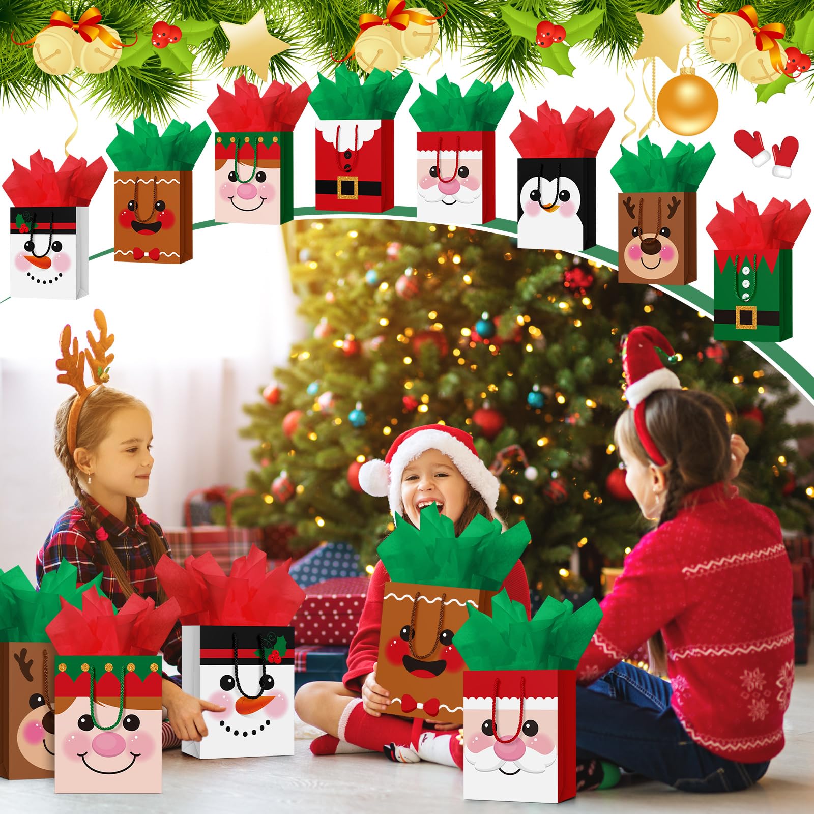 Cholemy 16 bolsas de regalo de Navidad de grosor medio con papel de seda, bolsas de papel kraft de Navidad con asas para envolver regalos de Navidad, suministros de fiesta de vacaciones, 10 x 8 x 4.4