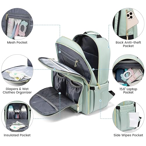 Miniatura 2 de LOVEVOOK Mochila para pañales, bolsa de bebé acolchada con cambiador y soporte para chupete, bolsas de pañales de viaje impermeables para bebés