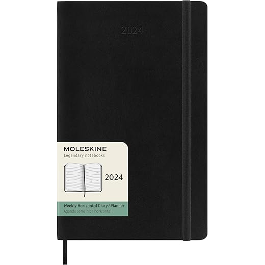 Moleskine DSB12WH3Y24 Notebook, Beginning January 2024, Weekly Diary, Horizontal (Horizontal) Soft Cover, Large Size (W x H x H): 5.1 x 8.3 inches (13 x 21 cm), Black