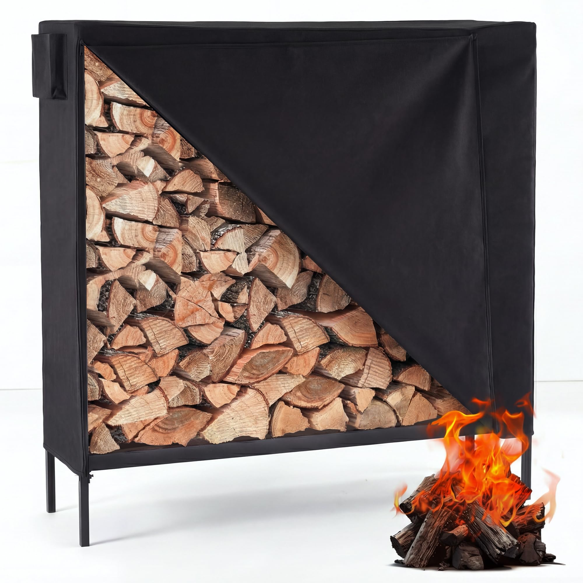 DUMOS 4FT Heavy Duty Firewood Storage Rack, Heavy Duty Firewood Storage Log Rack with Cover and Zipper, Outdoor Fire Wood Racks Storage Logs Rack and Cover Set for Farm, Garden, Patio, Black