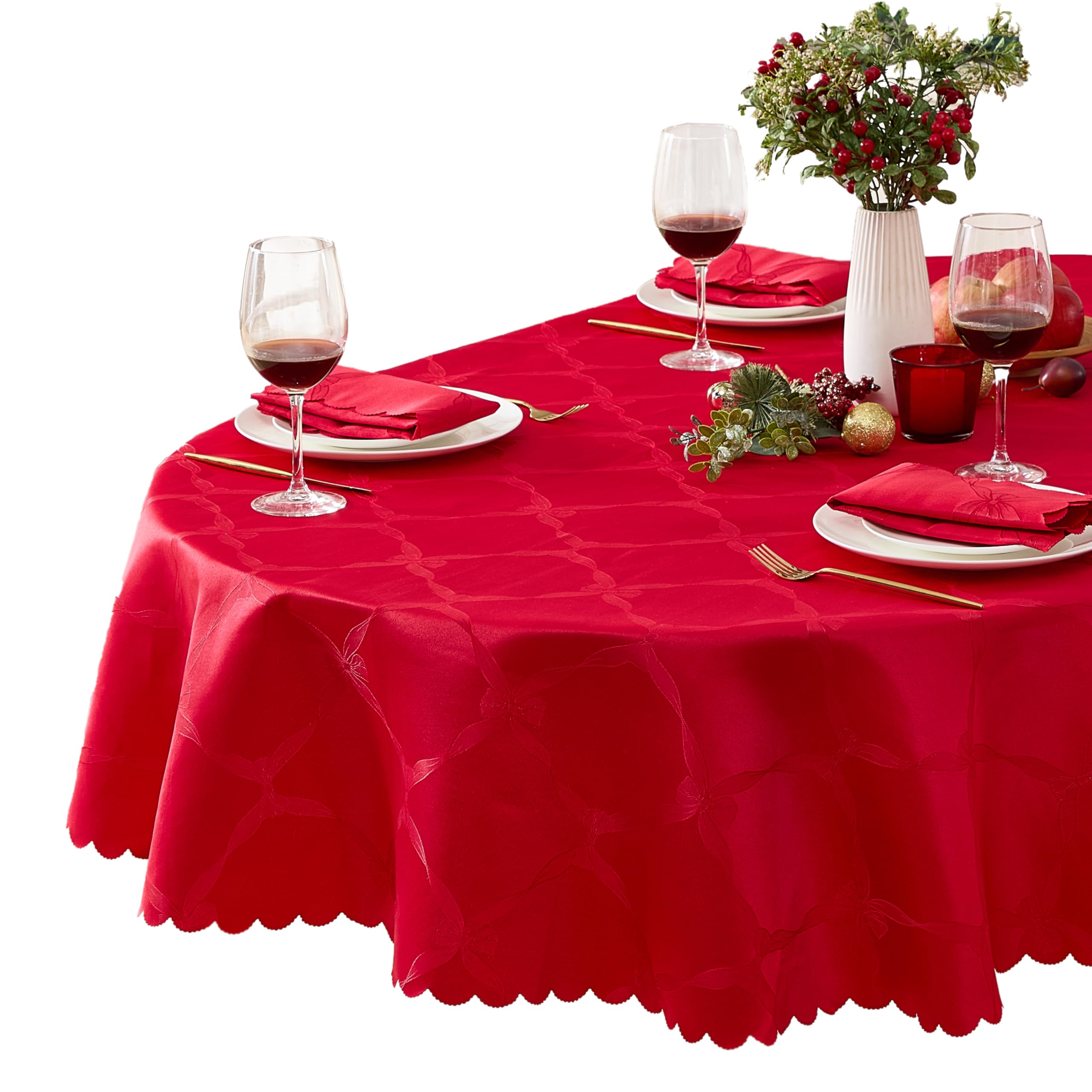 NewbridgeOval Tablecloth, 60 x 84 Inch, Ribbons and Bows Damask, Wrinkle and Stain Resistant Fabric Table Cloth, Holiday Red