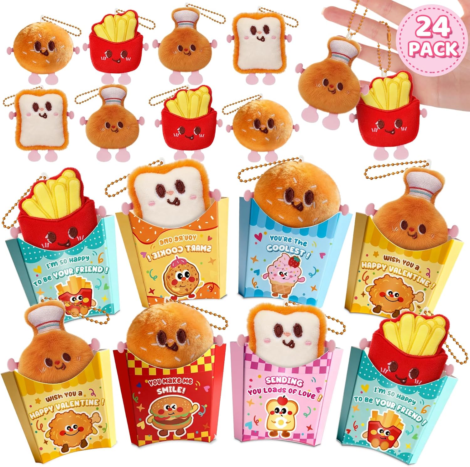 24 PACK Valentines Day Cards with Plush Keychains, Valentines Day Gifts for Kids Classroom,Kawaii Stuffed Keychain Toy for School Valentines Gifts Exchange,Valentine Party Favors Supply for Boys Girls