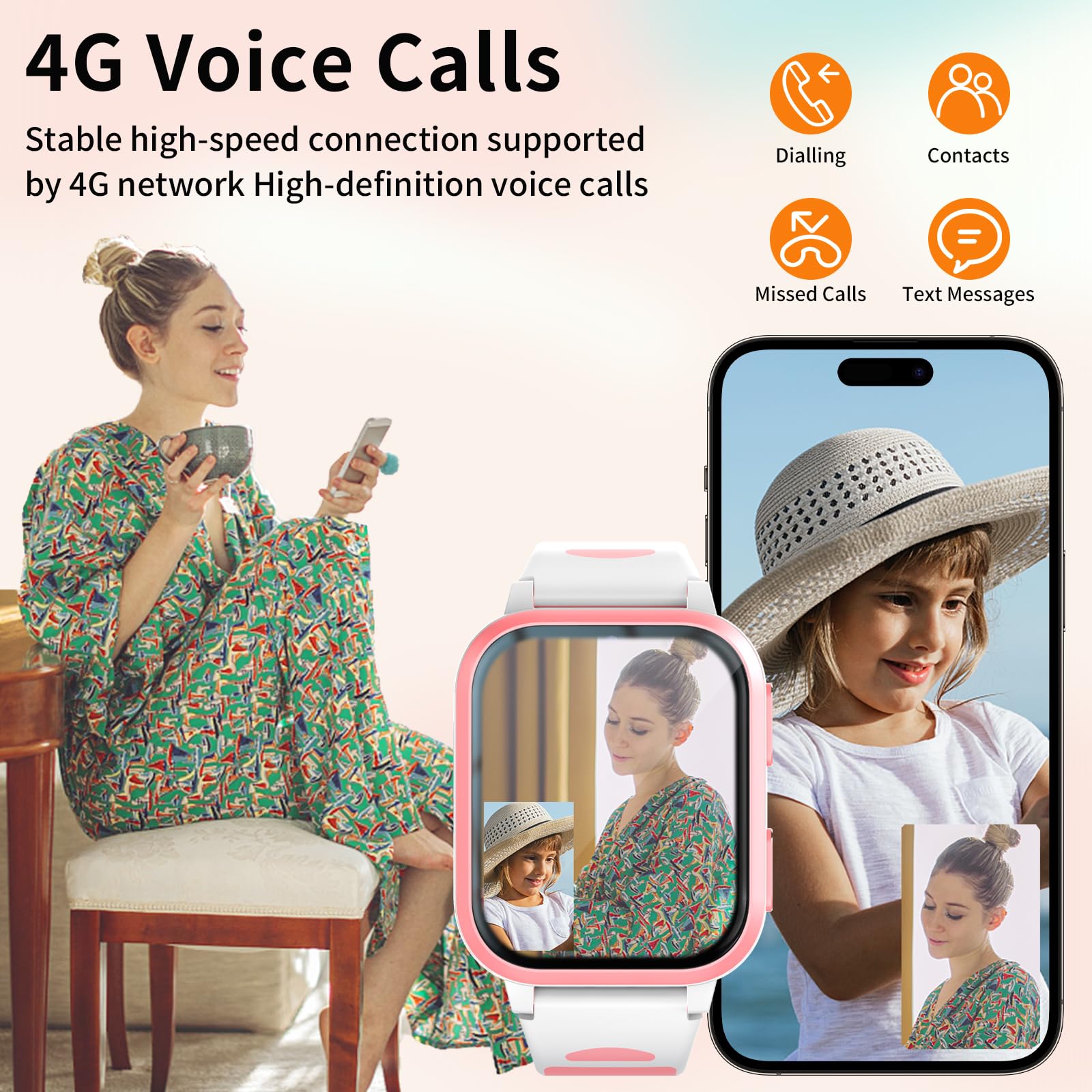 Fitome 4G Reloj Inteligente Niños, Smartwatch Niños con Seguimiento y Videollamadas, GPS, SOS, Cámaras, Despertadores, Podómetros, Relojes Inteligentes Niñas de 4 a 12 Años,Rosa