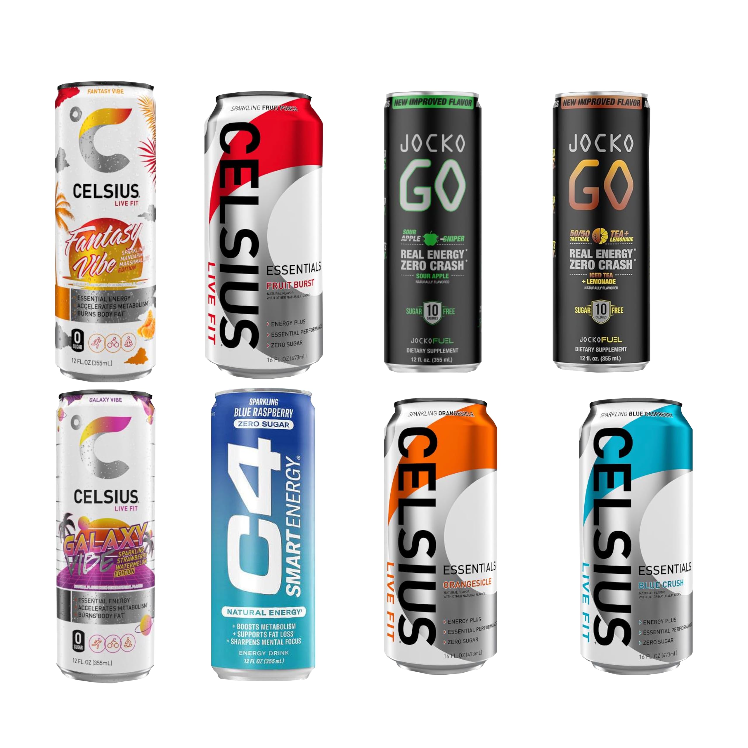 Generic Jocko GO, Celsius Sparkling, Celsius Essentials, C4 Smart Energy Drink Sampler pack FLAVOR ROULETTE VARIETY | 8-pack|