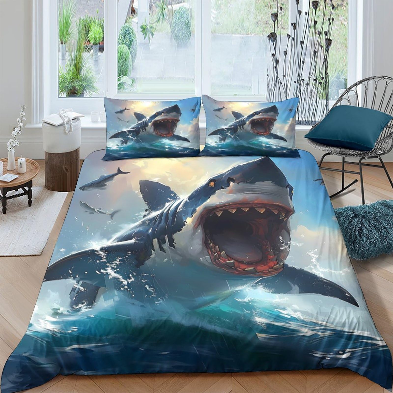 Ctjqhvkz Style-4 3D Printed Shark Ocean Fitted Sheet Microfiber Soft Breathable Waves Mattress Cover For Bedroom Dorm Decor Single（135X200cm）