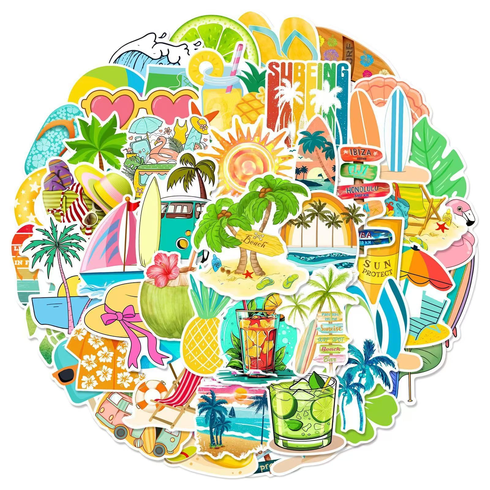 Kengeg 50Pcs Cute Beach Water Bottle Stickers Waterproof Stickers Aesthetic Laptop Sticker Skateboard Stickers for Kids Teens Girls Students
