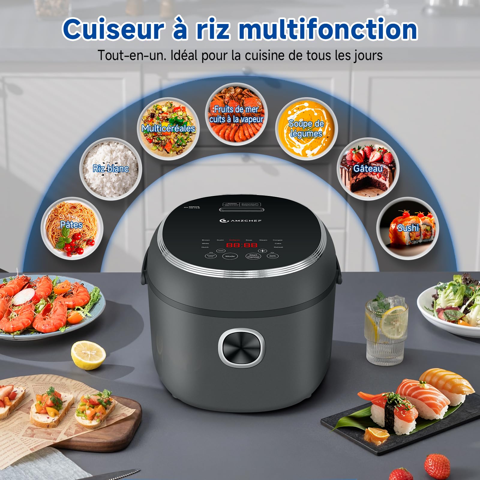 Cuiseur à riz AMZCHEF 2L, cuiseur à riz électr. avec 12 menus prédéf., affichage num., 4 tasses pour 1-4 pers., minuteur 24H et maintien au chaud 12H, poignée de transport, panier vapeur, 400W