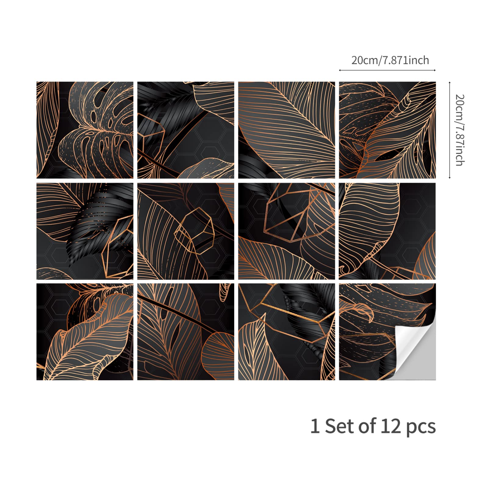 Azulejos adhesivos de vinilo impermeable con hojas tropicales negras para cocina y baño, a prueba de aceite, 48 piezas (20 x 20 cm)