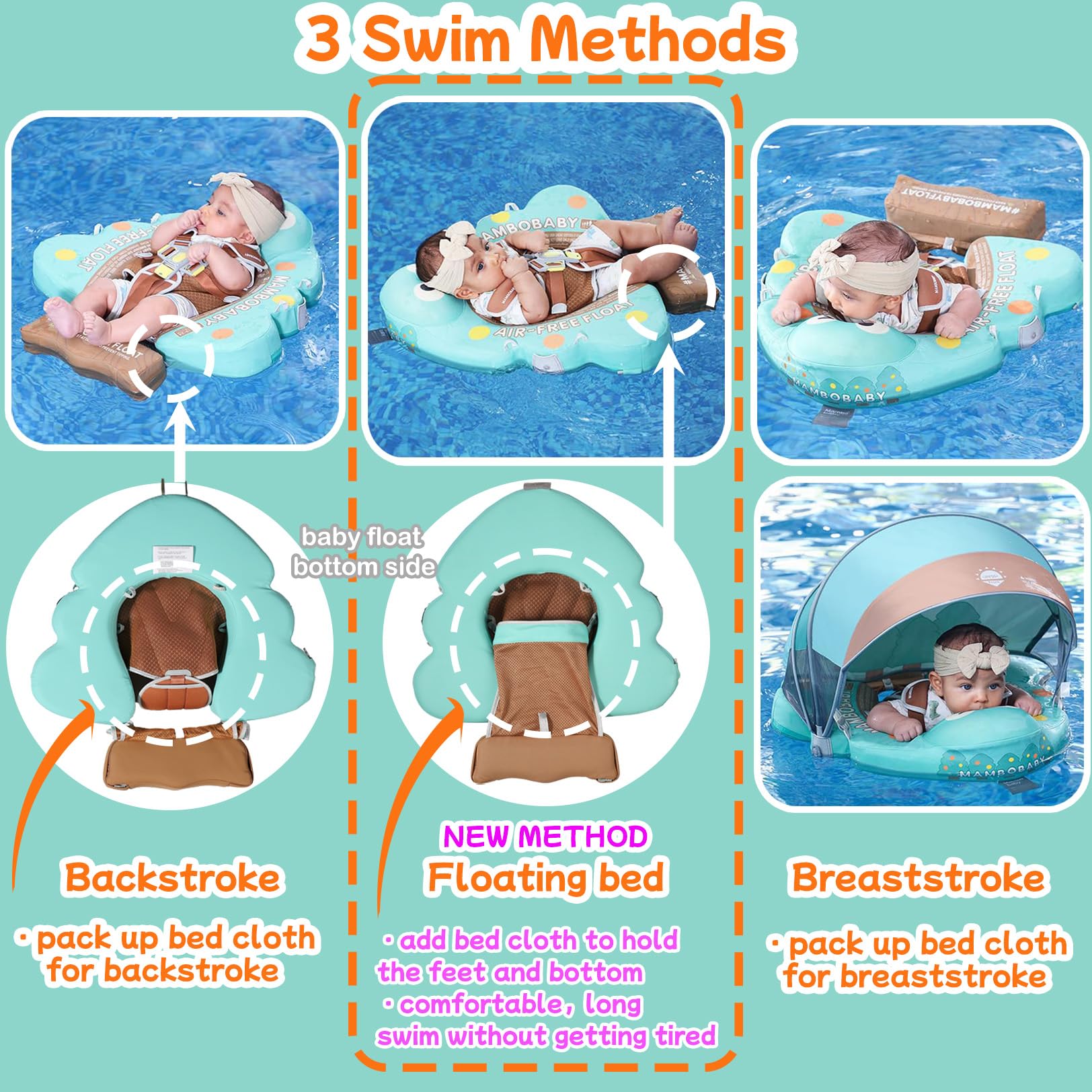 Mambobaby - Flotador con cola y toldo para bebé, anillo de natación para cintura infantil, entrenador de natación y flotador no inflable con correa de seguridad ajustable (color azul-tierra