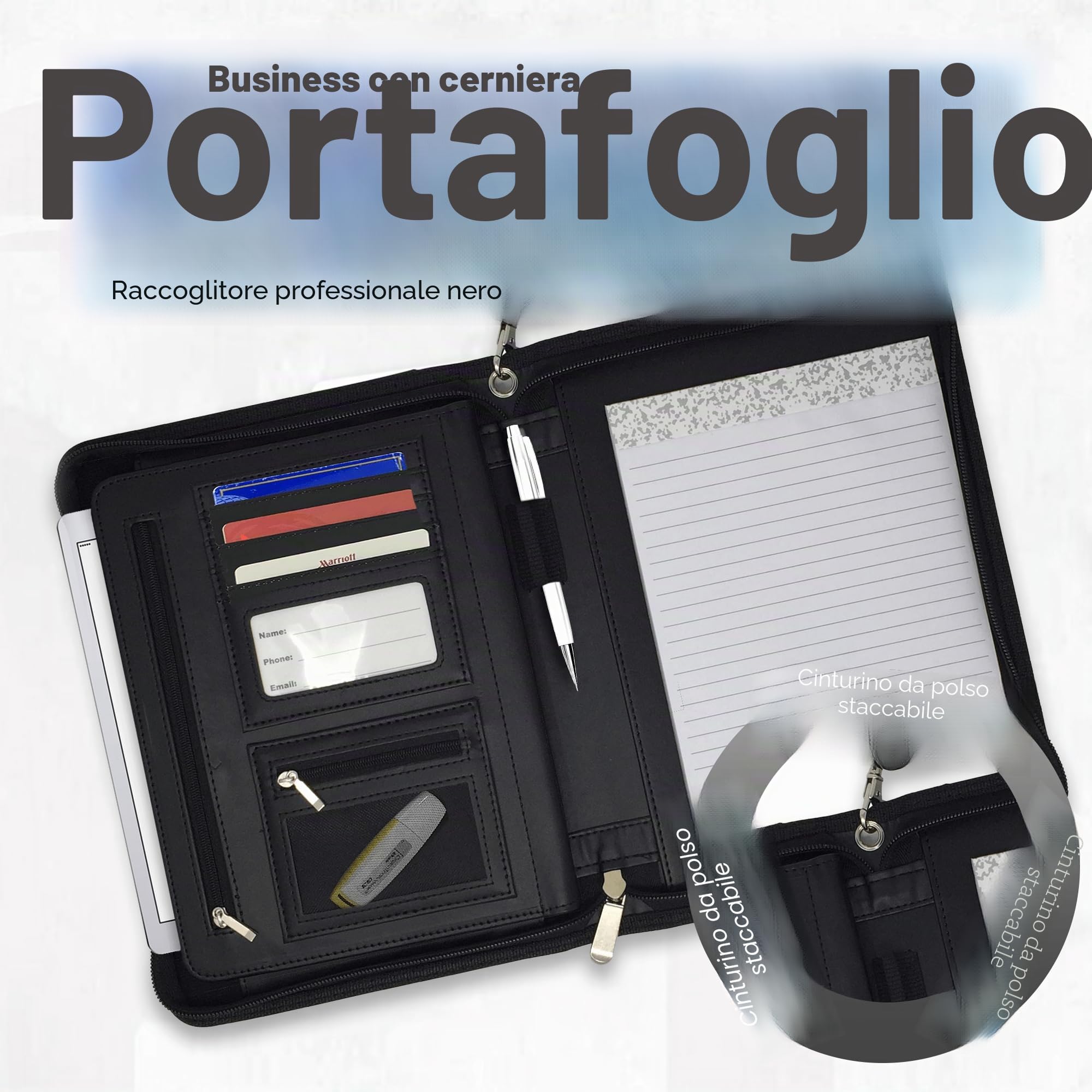 Piccolo scomparto con zip con blocco note junior - Raccoglitore ad anelli in pelle PU con scomparto per tablet da 20,3 cm di Lautus design Nero