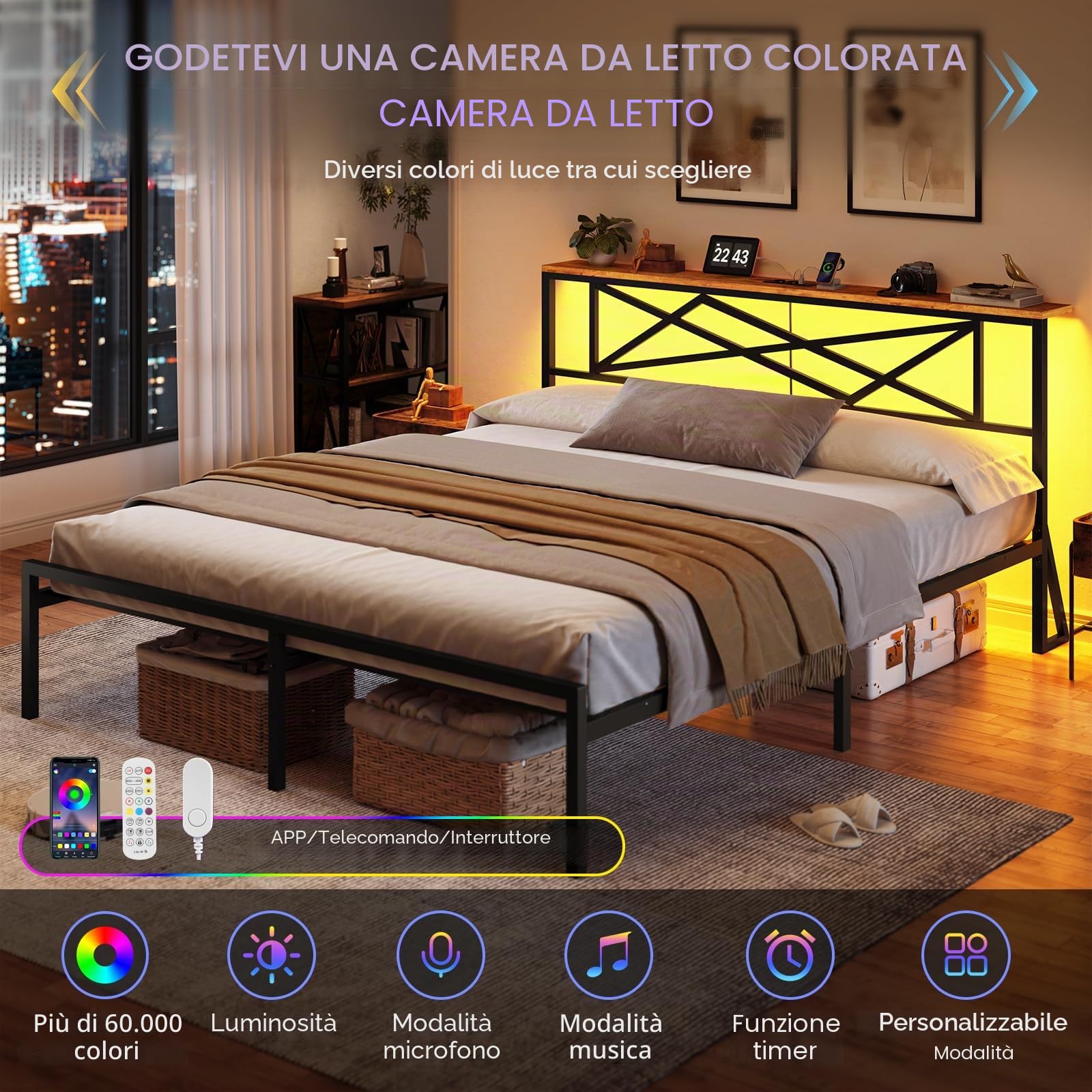 DICTAC Letto Matrimoniale 160 x 200 cm con Illuminazione LED, Telaio in Metallo con Stazione di Ricarica USB e Testata in Legno, Rete a Doghe in Metallo