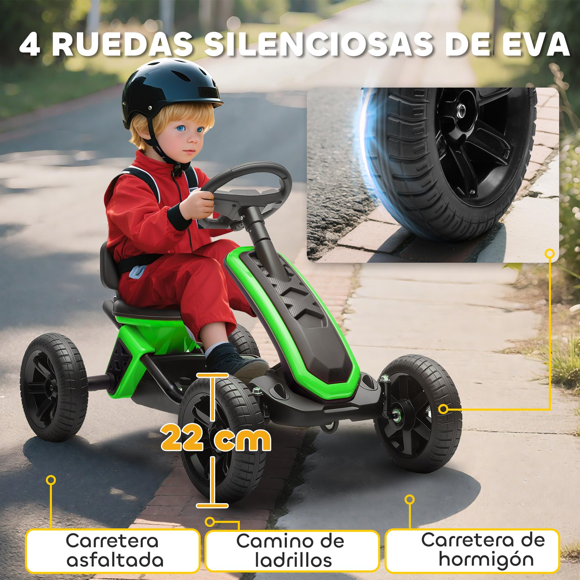 AIYAPLAY Kart Pedales, Go Kart con Ruedas Antideslizantes de EVA, Marco Metálico, Carga 30 kg, para Niños y Niñas de 2-5 Años, Verde