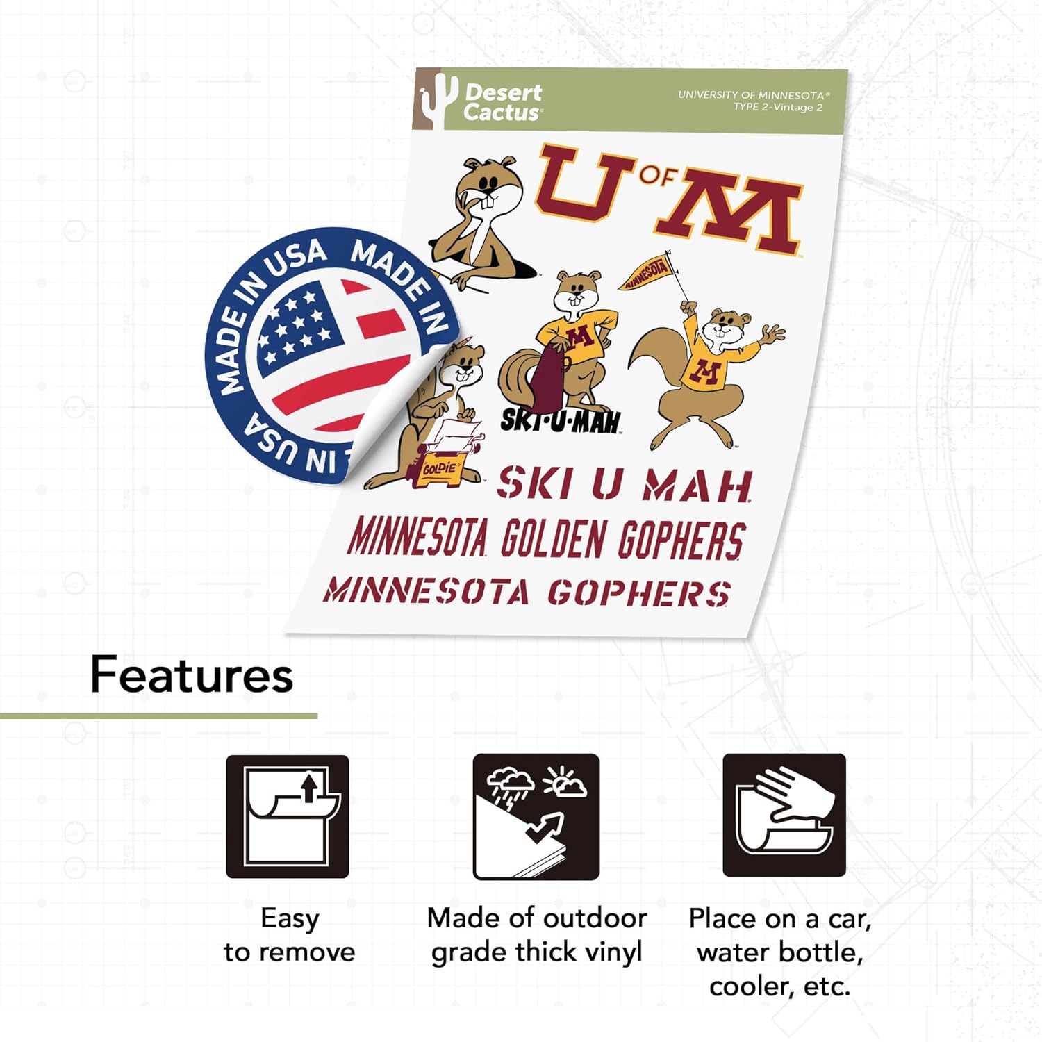 Desert Cactus University of Minnesota Sticker Golden Gophers Vinyl Decals Laptop Water Bottle Car Type 2 (T2 Vintage 2) - Image 2