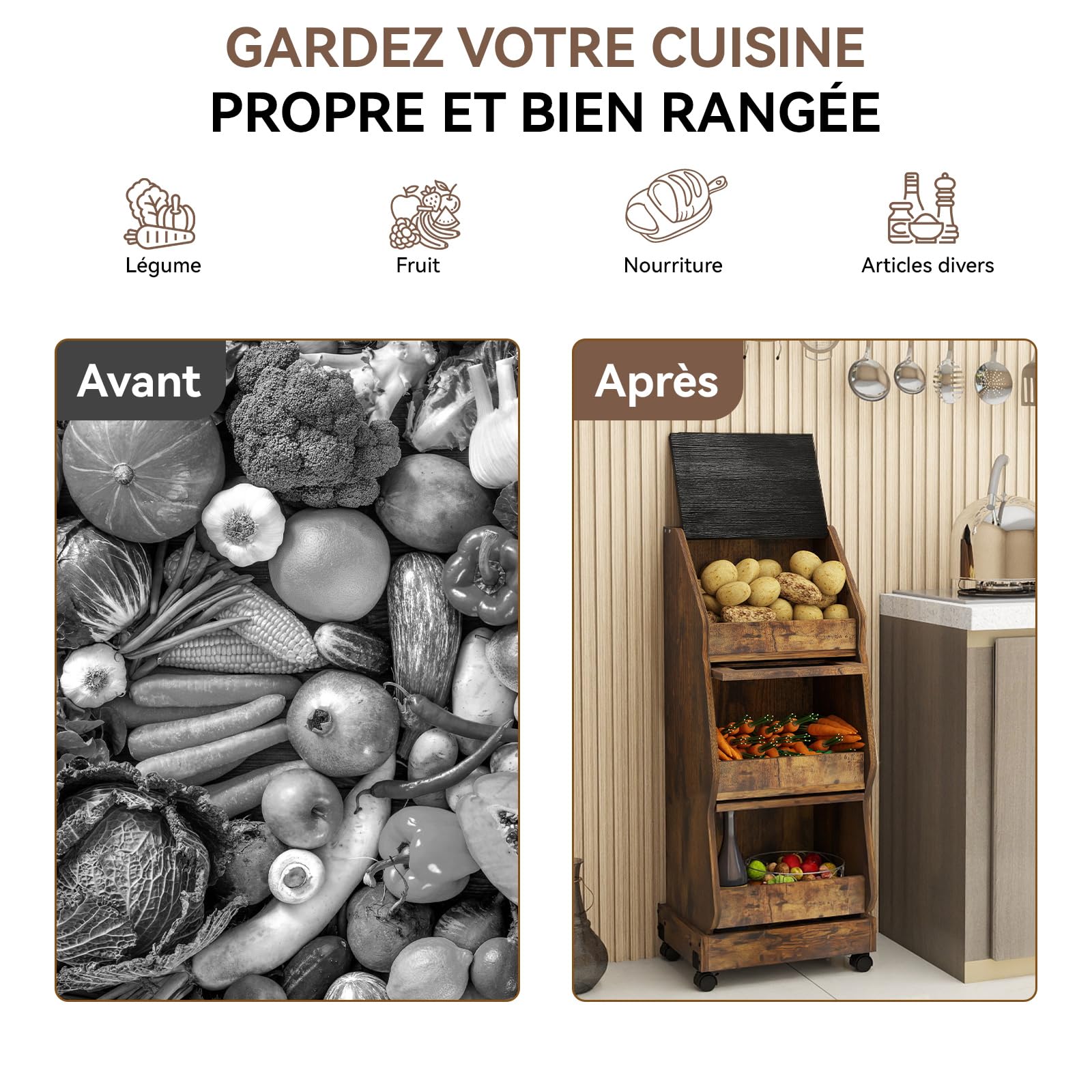 YU YUSING Garde Manger Grillagé Fruits Légumes XXL-3 Étagères avec Roulettes, Rangement Pomme de Terre Cuisine, Boîte à Pain Mobile en Bois avec Couvercle, Chariot Stockage, Fromage, Marron Rustique
