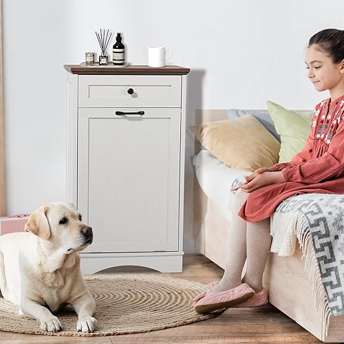 Miniatura 7 de Spurgehom Armario de basura inclinable de 13 galones, papelera de cocina, armario de almacenamiento de alimentos para perros con tazones, estación