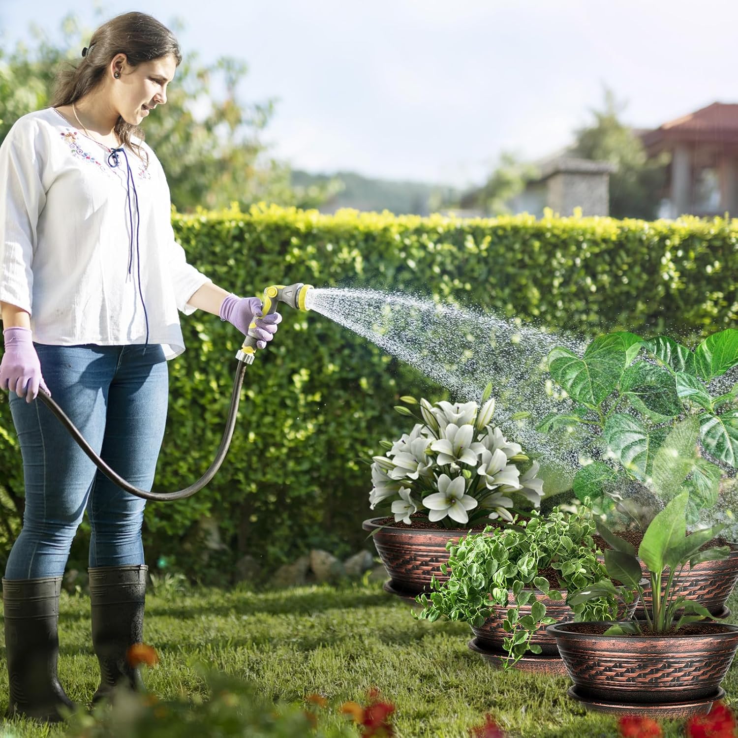 NIKONIKO 12 Inch Plant Pots, 6-Pack Plastic Woven Look Ripples Planters with Drain Holes & Trays, Retro Design Flower Pots for Indoor and Outdoor Plants