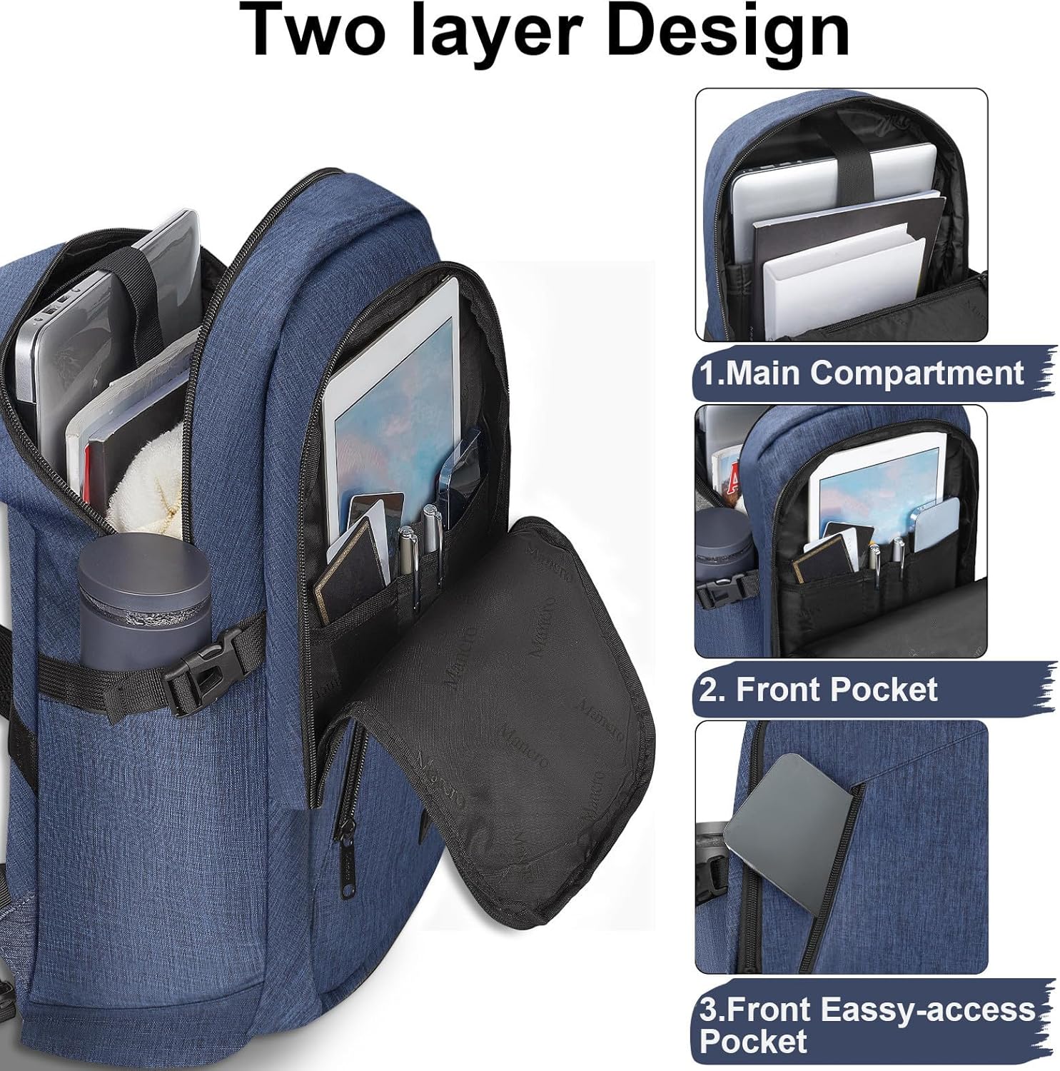 Mancro Laptop Backpack, 15.6 inch Business Backpack Water Resistant Laptops Backpack for Men Women Travel Backpack with USB Charging Port(Blue, 15.6 inch) - Image 3