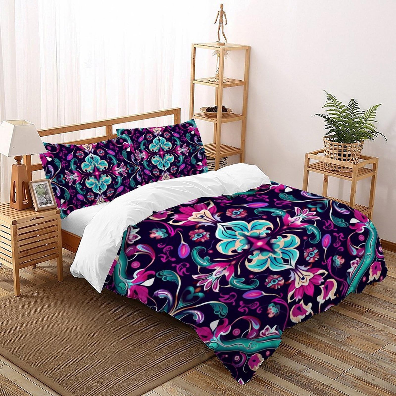 Housse de couette 200x200cm motif fleur avec 2 taies d'oreiller