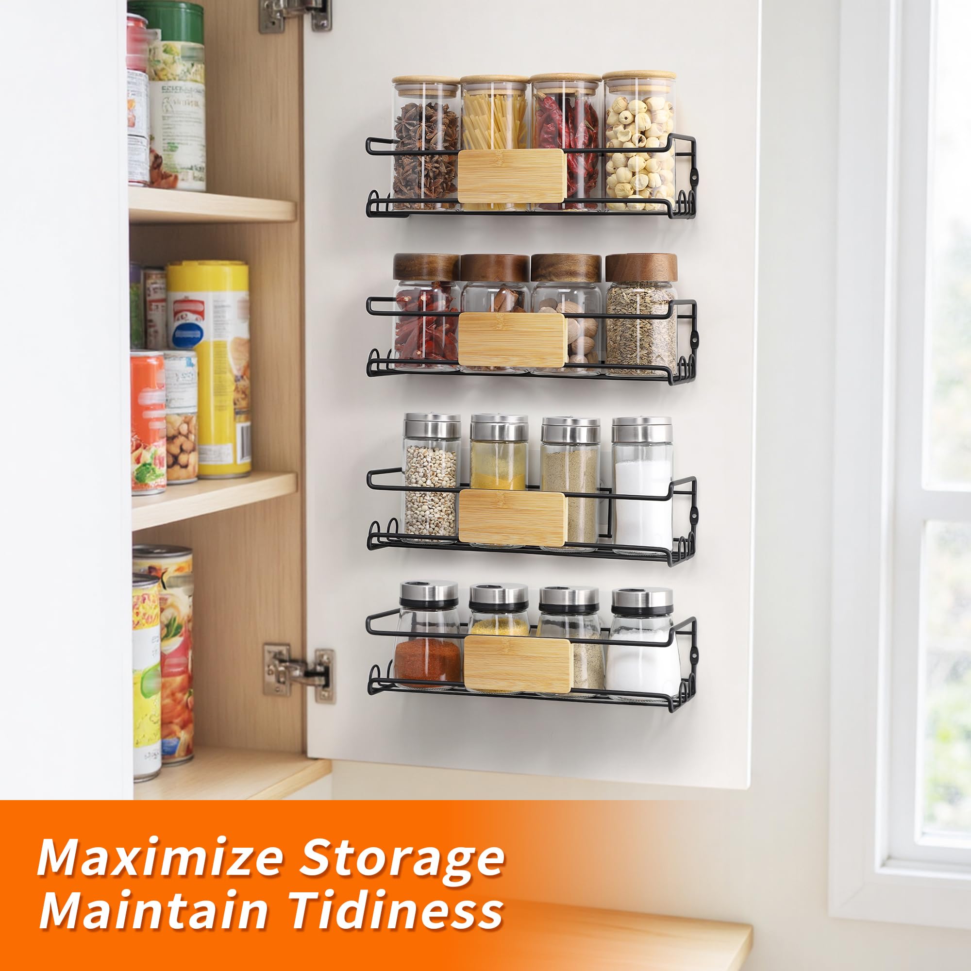 CACHOLIV 4-Pack Wall Spice Rack - Matte Black Spice Organization for Cabinet with Bamboo Plank - 2 Mounting Options Floating Shelves for Kitchen, Bathroom, Laundry Room, Pantry Organizers and Storage