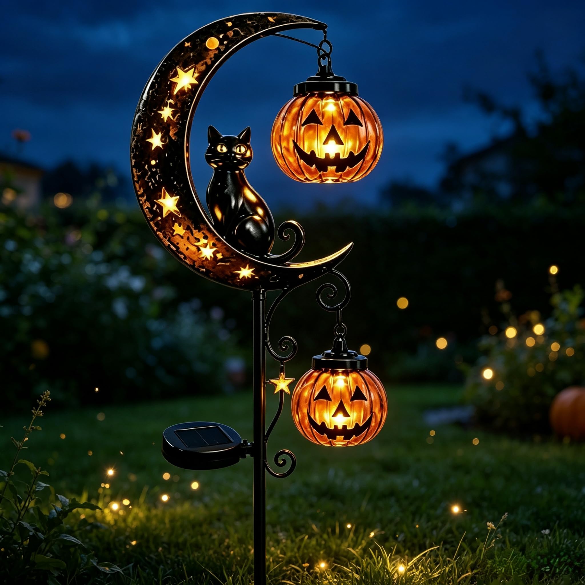 Metal Solar Halloween Black Cat Pumpkin Moon Garden Stake Light Auto On/Off