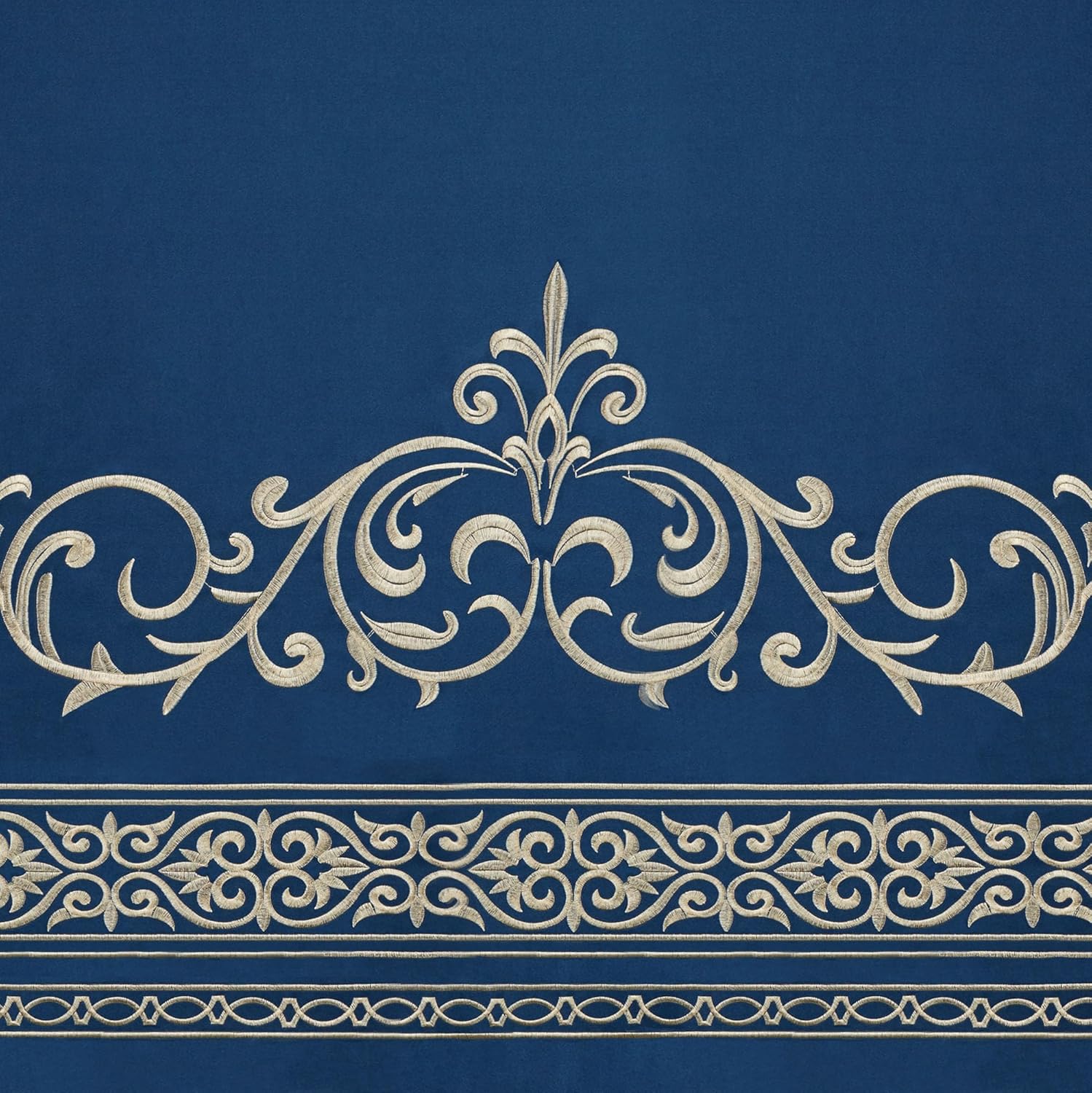 Buckingham Luxury Bedding | Sapphire Blue | Palace-Inspired Golden Scrollwork Embroidery | 10 Pc Set includes Queen Bedspread, 2 Std Shams, 2 Euro Shams, 2 Euro Pillow Inserts and 3 Decorative Pillows