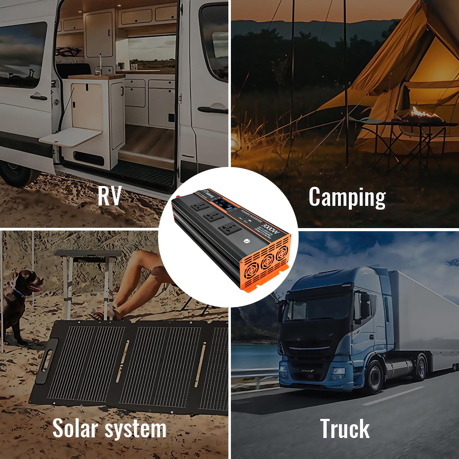 3000W Wechselrichter, 12 V auf 230 V, mit LCD-Display, 3 Universa lsteckdosen sowie USB-Typ-C- und QC 3.0-Anschlüssen für Wohnmobile, LKW und Caravans