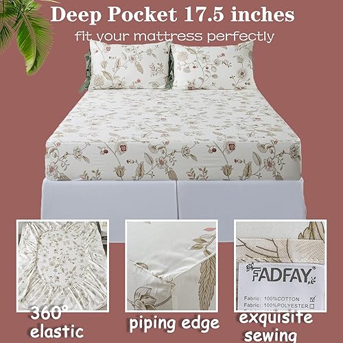 Miniatura 2 de FADFAY Juego de ropa de cama de 7 piezas, 100% algodón, diseño floral beige, tamaño Queen + funda de edredón, ropa de cama completa con flores rosas