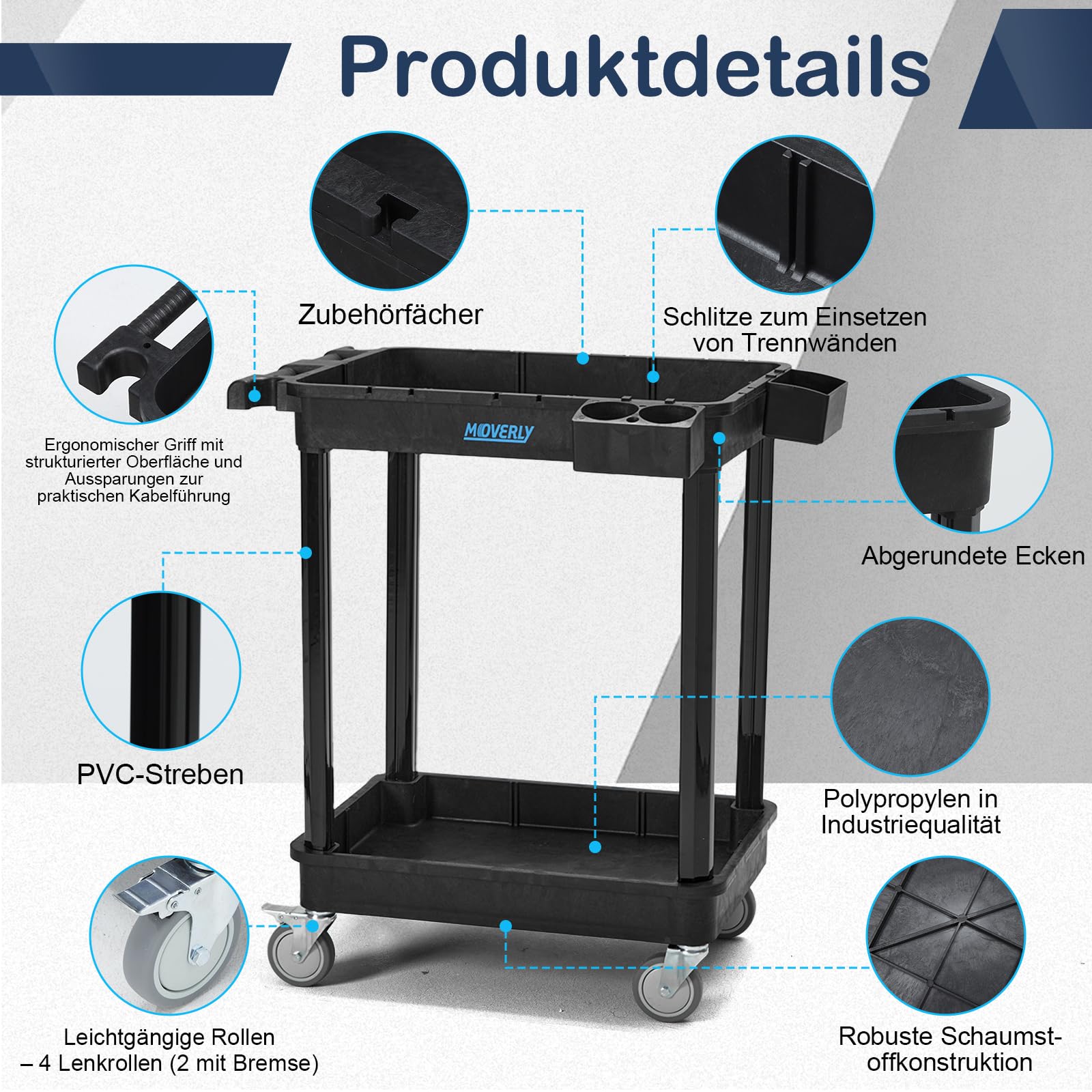 Schwerlast-Utility-Wagen mit 2 Ablagen, 71 x 48 cm, 100 kg Tragkraft, robuster Kunststoff, mit feststellbaren Schwenkrollen – vielseitiger Servicewagen für Zuhause, Büro & Industrie