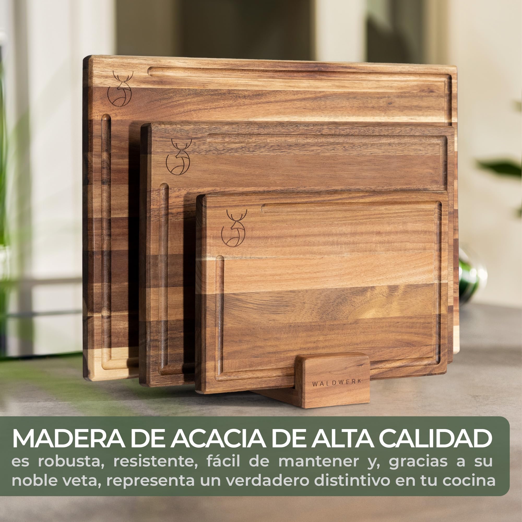 WALDWERK Tablas de Cocina (40x30 / 33x24 / 26x18 cm) de madera maciza de acacia – Juego de 3 tablas de cortar con soporte – Tabla cortar cocina de 2 cm de grosor con canal para jugos – Tablero madera