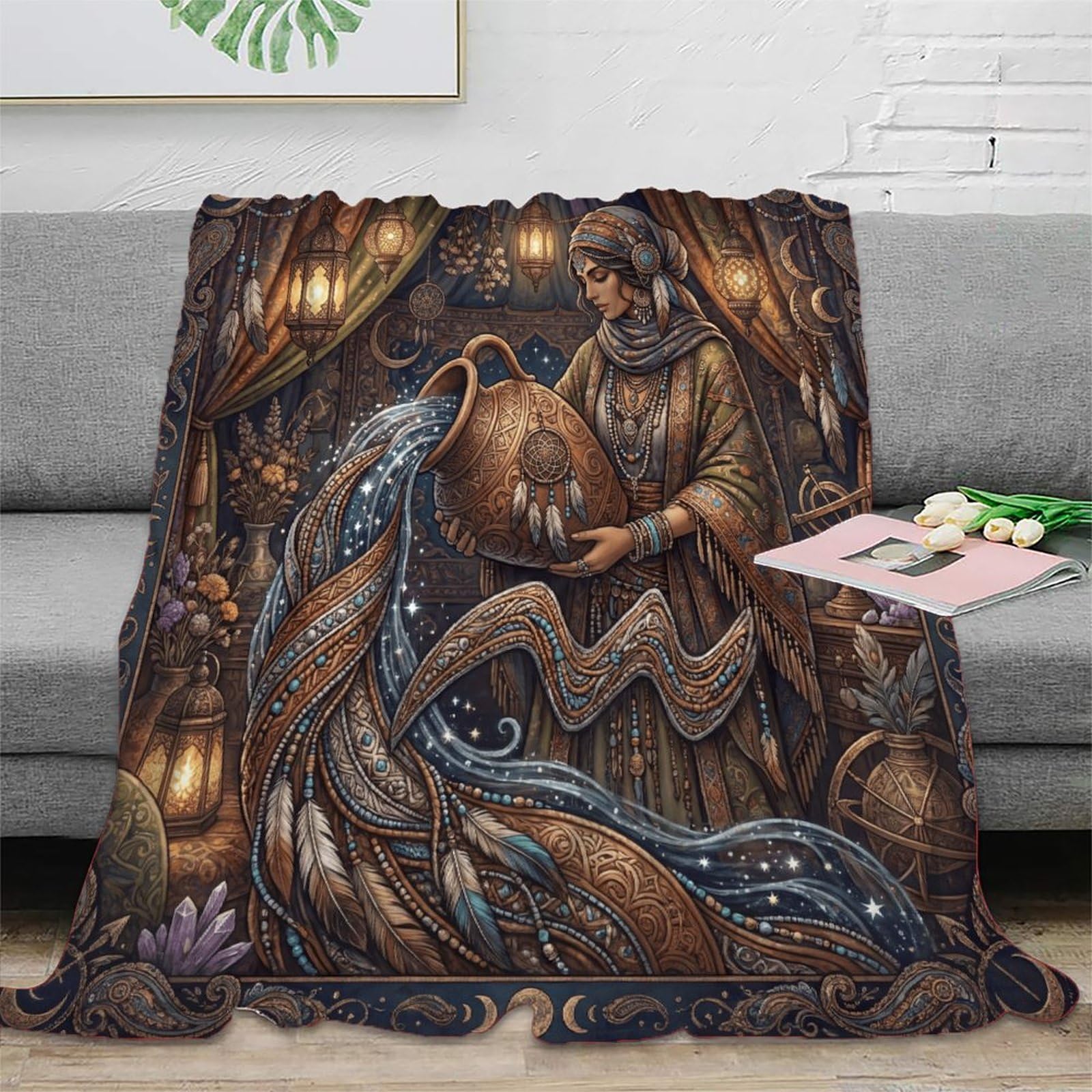 W7C8U2X3 Aquarius Zodiac Bohemia for Soft Throw Blanket, Bedroom Sofa Couch