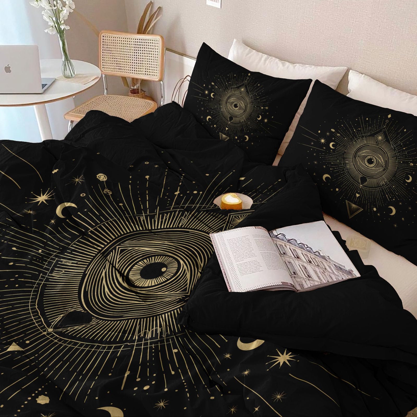 Zestaw poszewek na kołdrę z motywem tajemniczej geometrycznej linii, 230 x 220 cm, fajny gotycki zestaw pościeli, miękka, dwustronna poszewka na kołdrę z mikrofibry, na wszystkie pory roku, z zamkiem