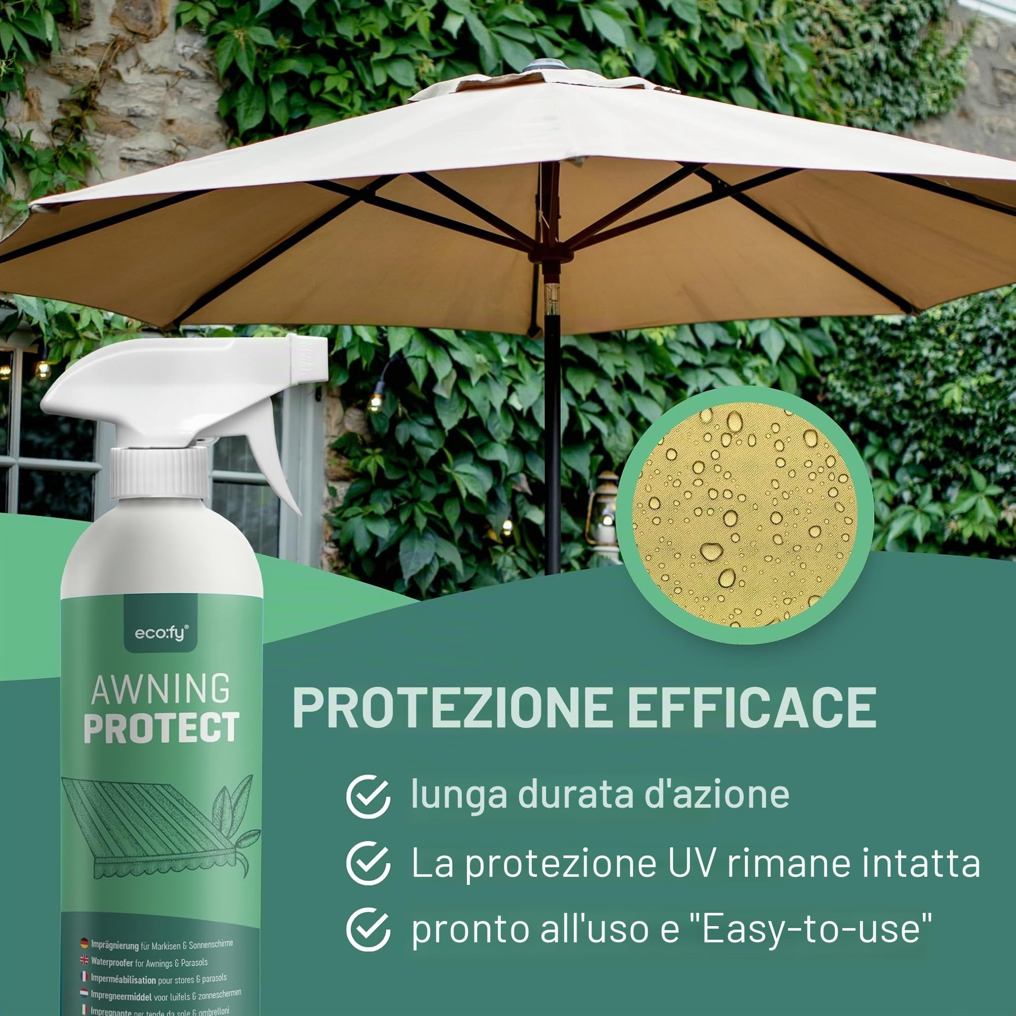 Tenda da sole, impermeabilizzante, 5 l, spray impregnante per tende da sole, ombrelloni e parasole, protezione da umidità e sporco, resistente ai raggi UV, privo di PFC e biodegradabile