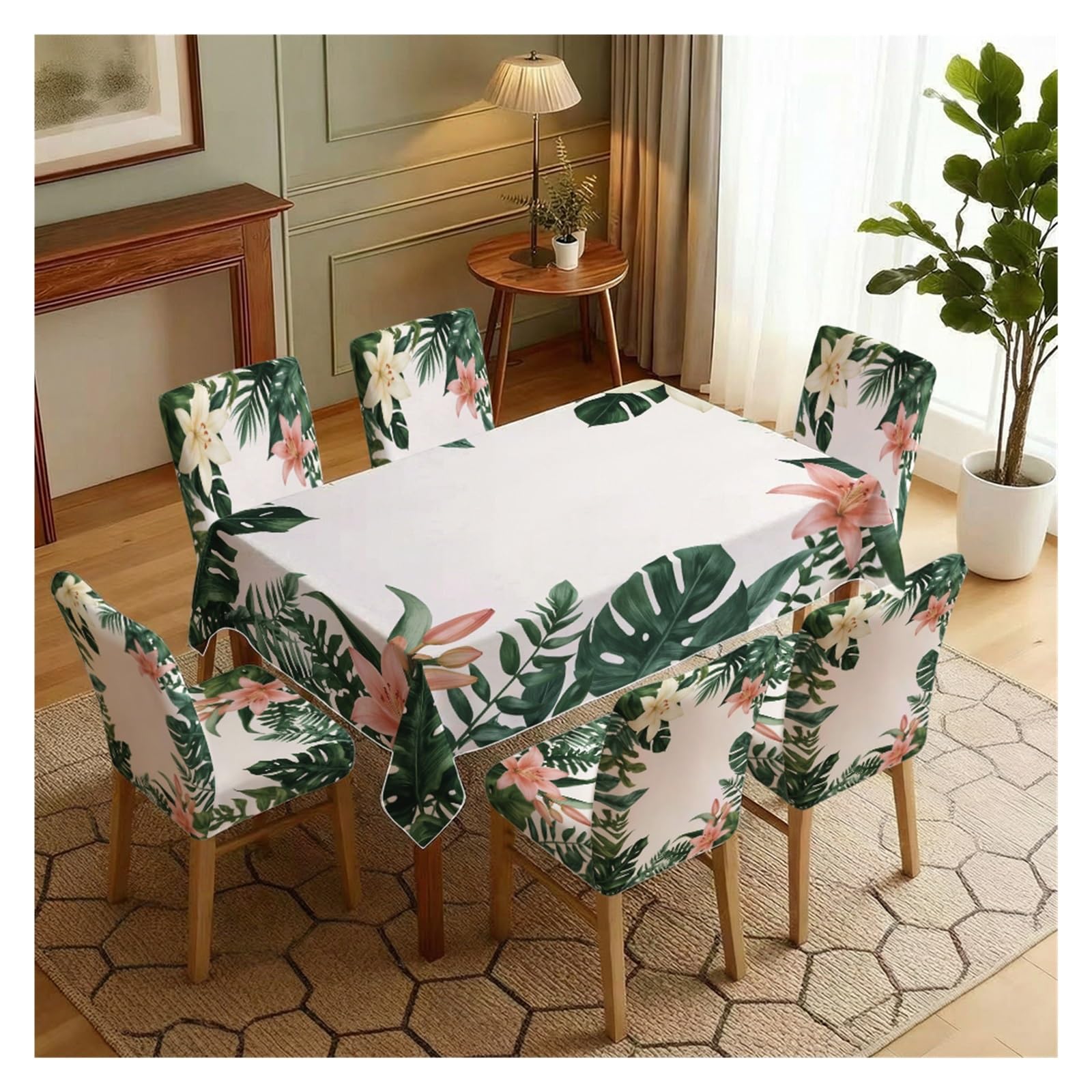 BOSUYBN Tropical Green Leaf Lily Dining Tablecloth & Chair Covers Set, 5/7 Piece Fresh Botanical Plant Home Decor Table Setting(7pcs Set: Tablecloth+Chair Covers)