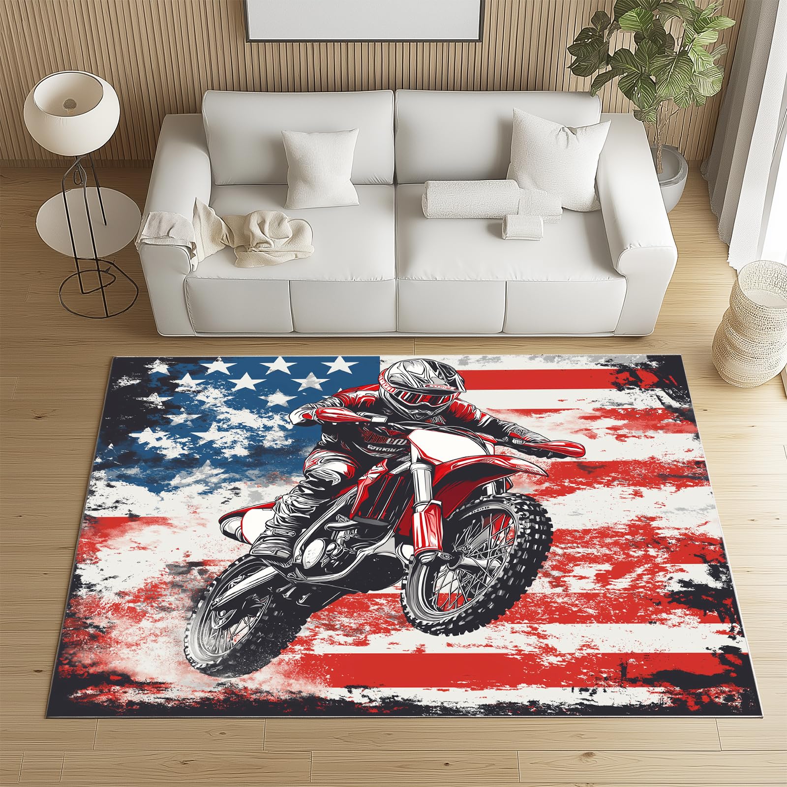 Tapis moto-cross enfant drapeau américain 60x90 cm lavable et antidérapant pour chambre