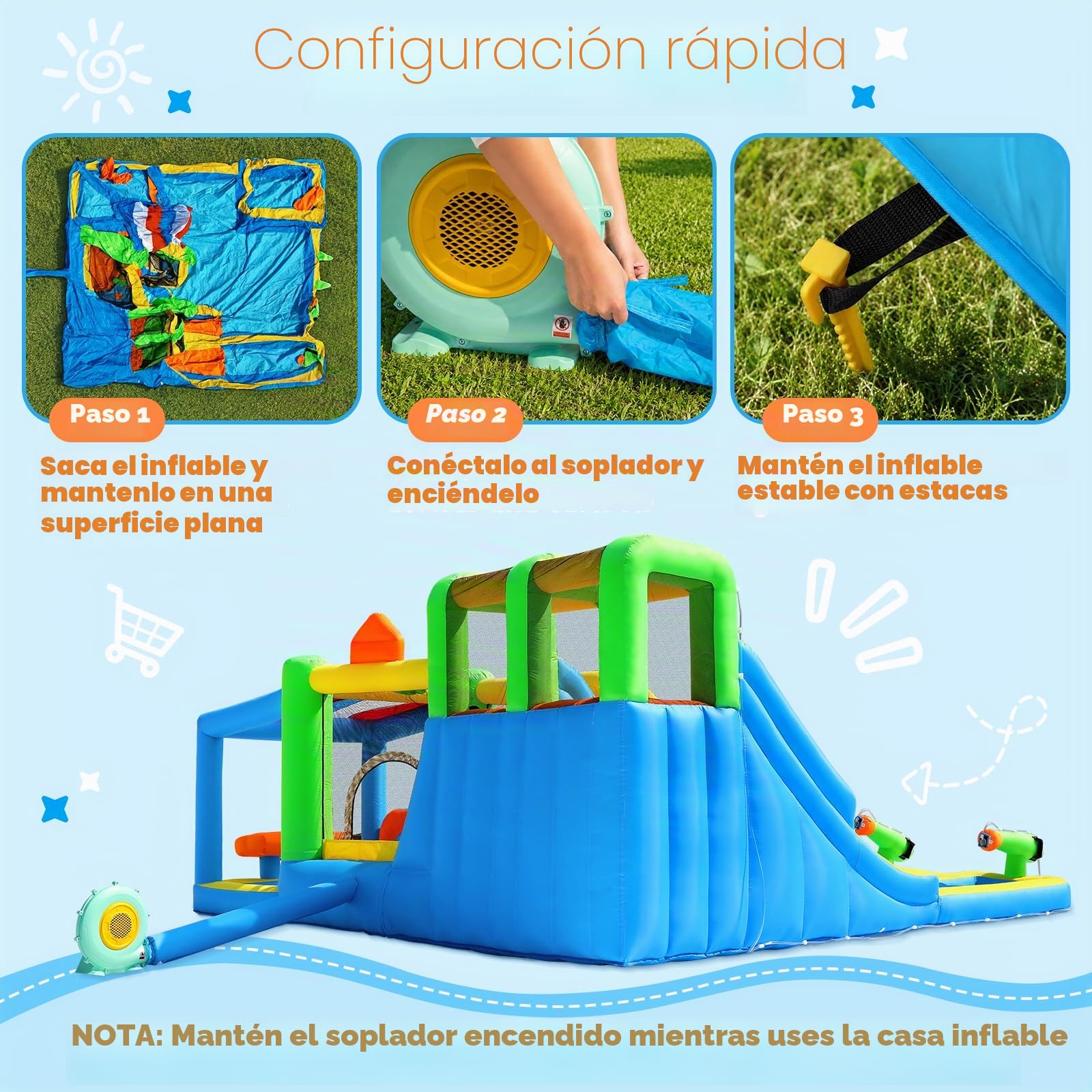 Castillo Hinchable Grande con 2 Toboganes de Agua, Parque Acuático Inflable para Niños con Trampolín, Piscina, Canasta de Baloncesto, Pared de Escalada, Uso Interior Exterior 445x403x200 cm