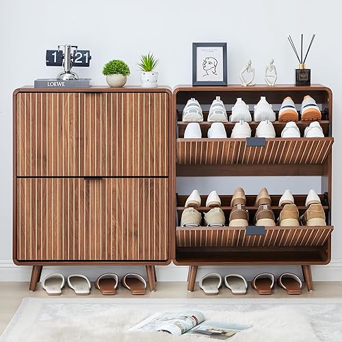 Miniatura 6 de Armario de zapatos acanalado para entrada, armario delgado para zapatos con 2 cajones abatibles, organizador estrecho para zapatos (nuez, 2 cajones)