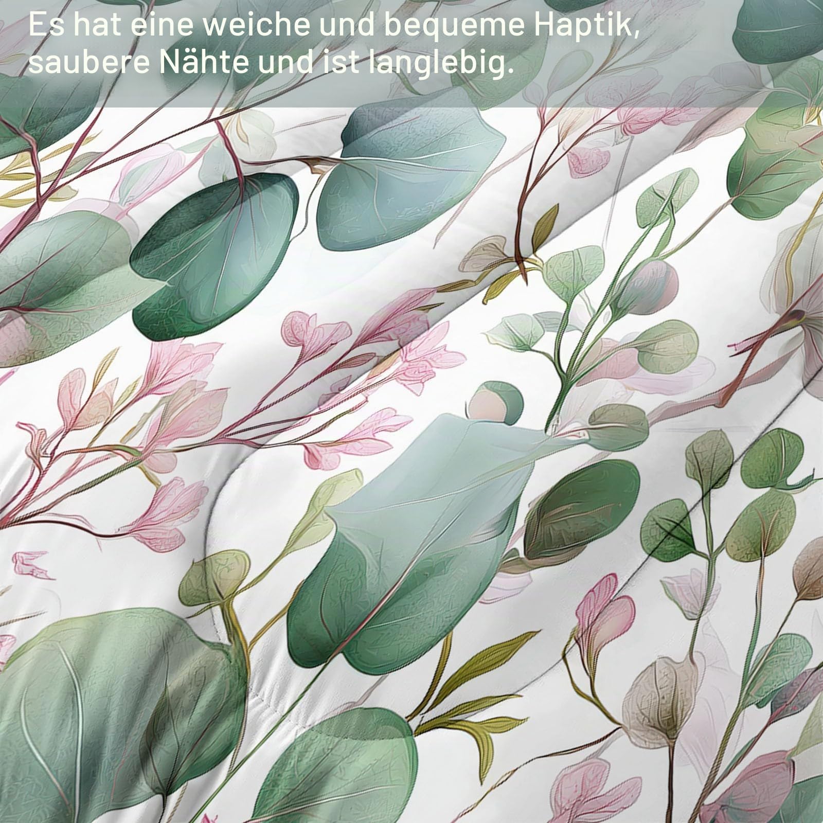 Bettdecke 4-Jahreszeiten Steppdecke in 135x200 cm mit Pflanzen Eukalyptusblätter Wildblumen, Warme und Weiche Schlafdecke ohne Bezug mit 2 Kissenbezügen, Rosa Grün