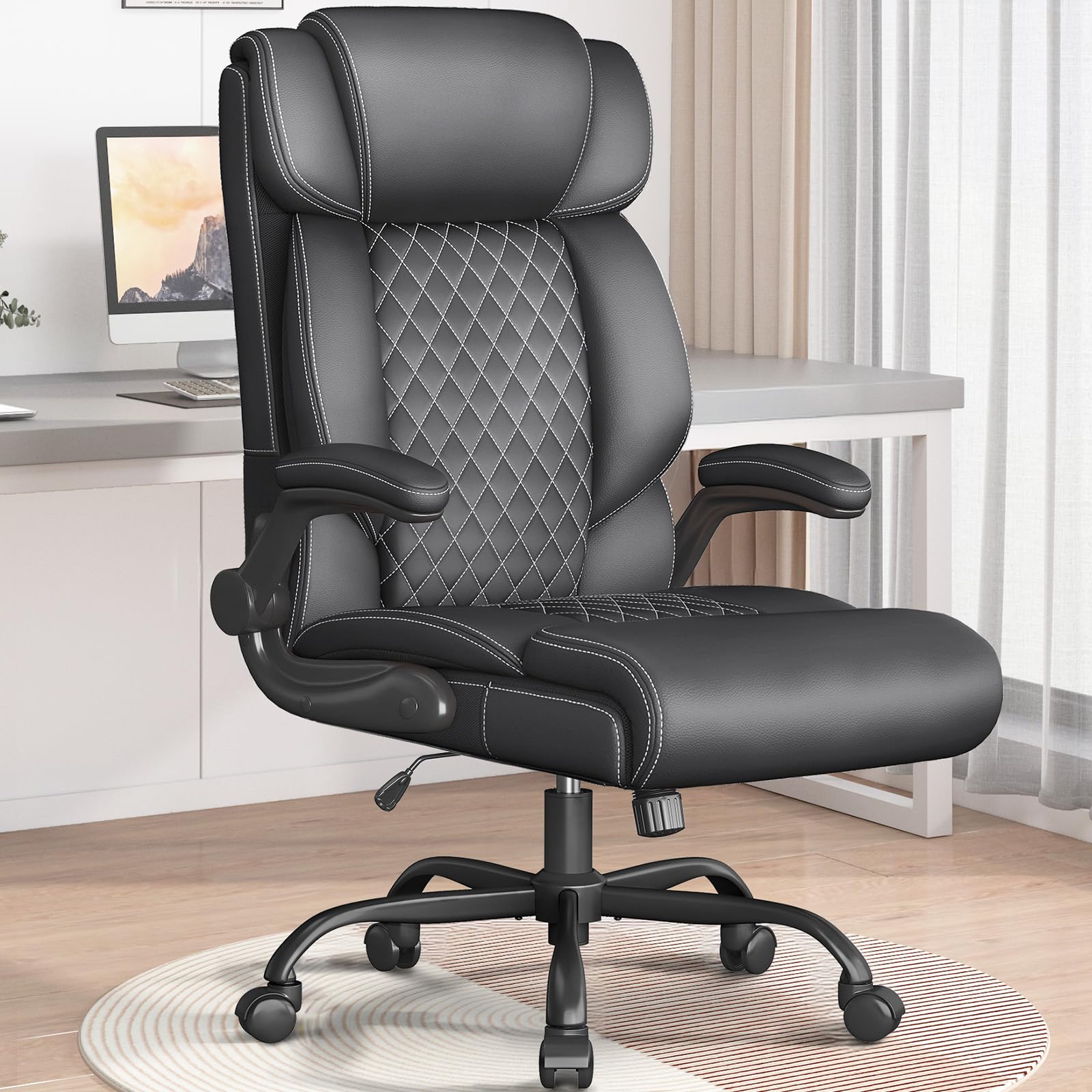 Office Chair-Executive High Back Breathable Comfy Desk Chair with Flip-up Armrests Lumbar Support-Ergonomic Leather Rolling Swivel Chair with Rock Function for Working Studying Gaming